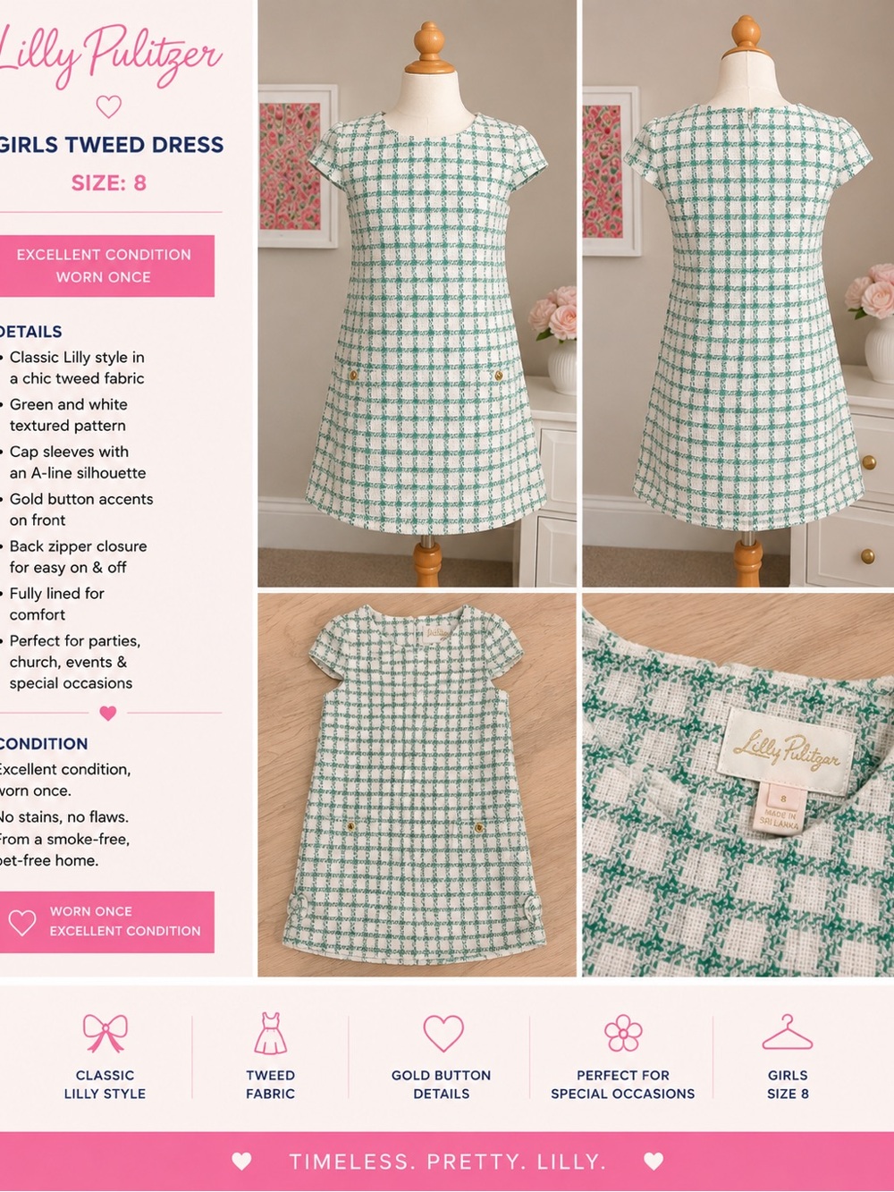 Lilly Pulitzer Girls Green & White Tweed Dress - Size 8